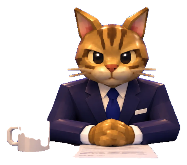 News Cat at the desk, paws folded, staring straight ahead