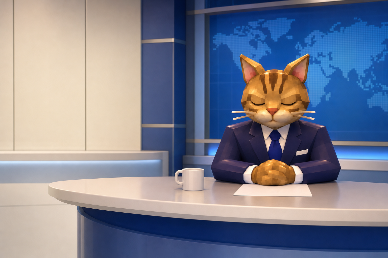 News Cat in a navy suit and blue tie, eyes closed, paws folded at a studio news desk beside a coffee mug and a blank sheet